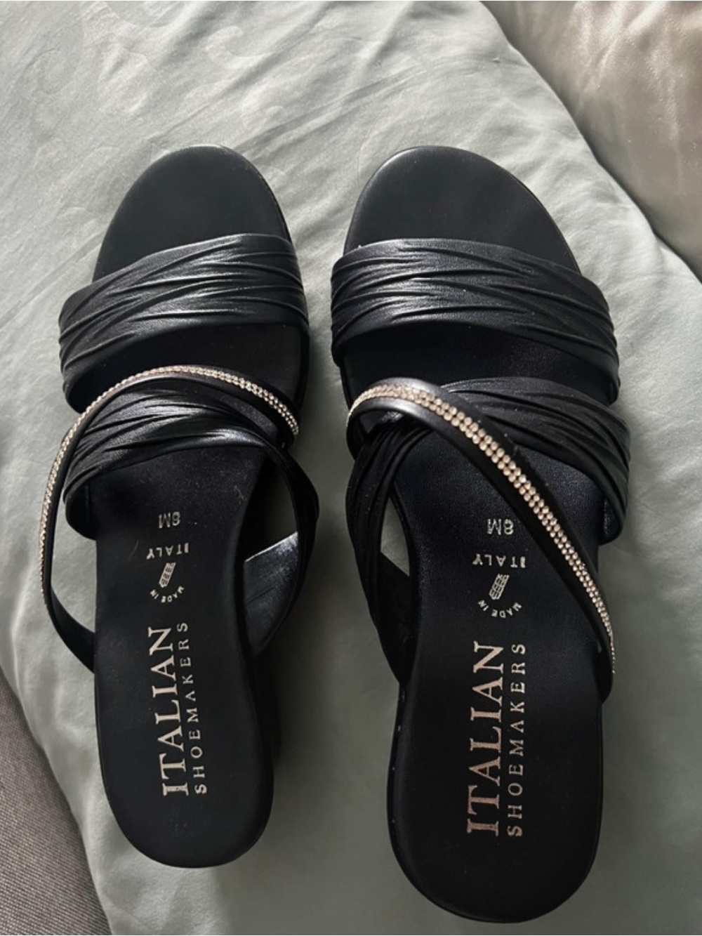 Italian Shoemakers Black Slide Sandals with Crystal Strap
